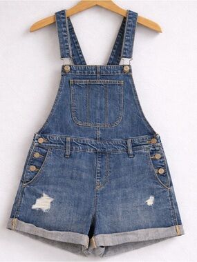 Old Navy XS Denim Short Overalls Distressed Cuffed Bib Shorts Adjustable Straps